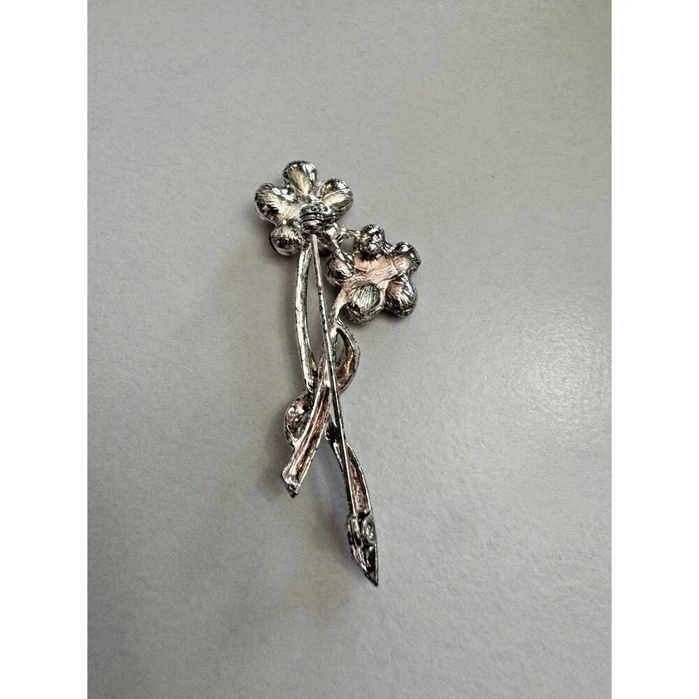 Vintage Rhinestone Flower Brooch Pink Crystal Double Stem 2 Inch